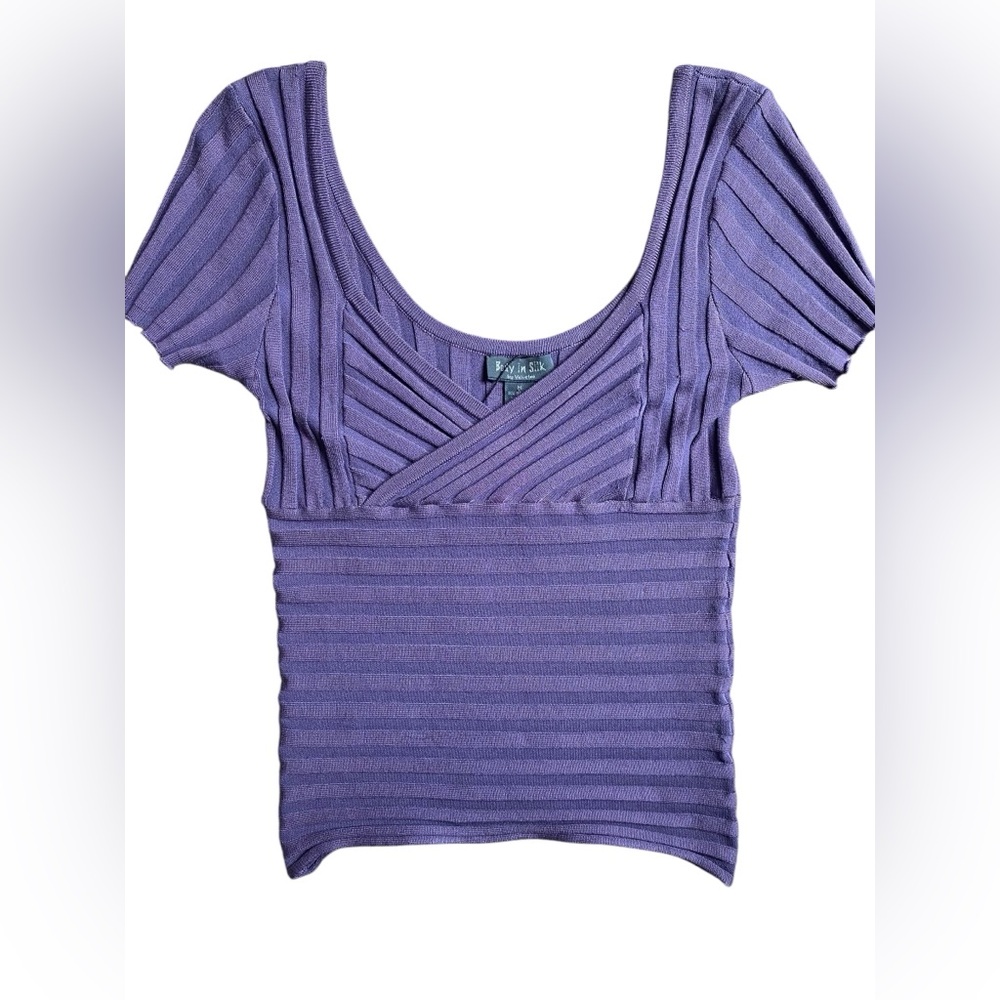 Body in Silk Purple Ribbed Knit Crossover Short Sleeve Crop VTG Silk/Lycra S/M